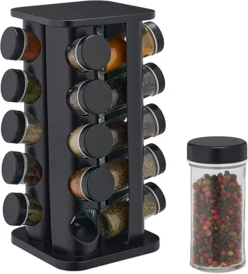 Image de Étagère à épices avec 20 pots en verre - Acier inoxydable - Pivotante - Avec couvercle doseur - Pour plan de travail - Cuisine - Carrousel à épices - Noir