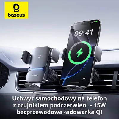 Zdjęcie produktu dla Uchwyt samochodowy na telefon z czujnikiem podczerwieni – 15W bezprzewodowa ładowarka QI, automatyczne mocowanie, szybkie ładowanie