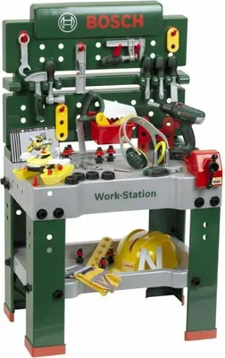 A toy Bosch Workstation with various accessories, including a toy car, tools, and safety gear.