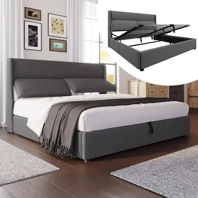 Immagine prodotto di Letto imbottito matrimoniale 160x200 cm con poggiatesta regolabili, struttura letto idraulica con spazio contenitore, rivestito in lino e dotato di rete a doghe in metallo