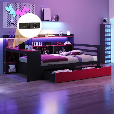 Produktbild von Flieks Schlafsofa Holzbett 90x200cm mit Led, Tagesbett Sofabett mit Schreibtisch und Schubladen, Jugendbett Einzelbett mit Ladefunktion, Rot