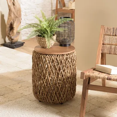 Produktbild von SIXTINE – Runder Beistelltisch, Durchmesser 40 cm, Rattan, Tischplatte aus recyceltem Teakholz