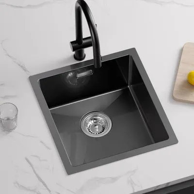 Immagine prodotto di Ibenzoa® Lavello da cucina antracite, 40x44x19 cm – Lavello angolare in acciaio inossidabile, 35x39x18 cm, spessore 3 mm, rivestimento nanotecnologico, riduzione del rumore, set di scarico, senza foro per rubinetteria