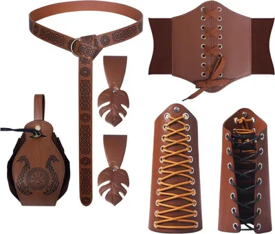 Produktbild von Mittelalter Damen Accessoires Set 5 Stück mit Korsett Gürtel Armschützer Gürteltasche Kleiderklammer Braun