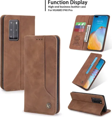 Produktbild von Huawei P40 Pro Hülle, LaimTop Retro Kunstledertasche Schutzhülle mit Kartenfach Standfunktion für Huawei P40 Pro Braun