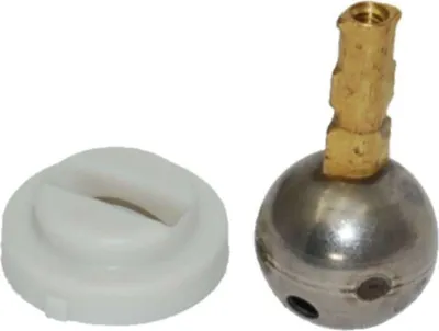 A white plastic cap and a metal ball valve with a brass fitting are shown against a white background.