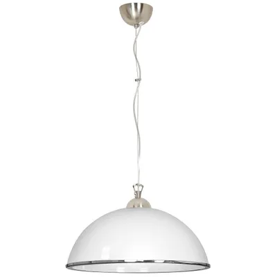 A white pendant light with a silver trim and silver ceiling mount, suspended by a white cord.