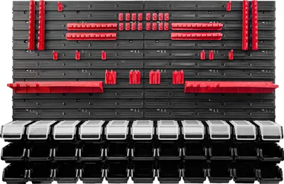 Produktbild von 33 Stapelboxen Wandregal Kunststoff Deckel 115 x 78 cm Werkzeughalter Werkstatt Garage Lagersystem Sichtlagerkästen Schütte