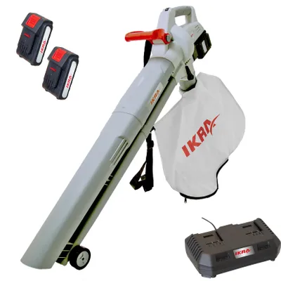 A cordless leaf blower with accessories, including batteries and a charger, displayed against a white background.