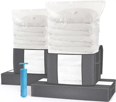 Produktbild von VOUNOT® 9er Set Große Vakuum Aufbewahrungstasche mit Pumpe, 4 Vakuumbeutel, 4 EDENOO Aufbewahrungstasche mit Griff und Reißverschluss, Grau