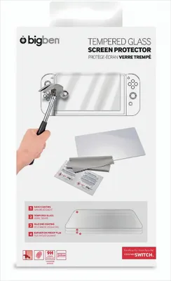 The image shows the packaging for a BigBen Nintendo Switch tempered glass screen protector. It features an illustration of the screen protector being tested with a hammer, and diagrams highlighting its features.