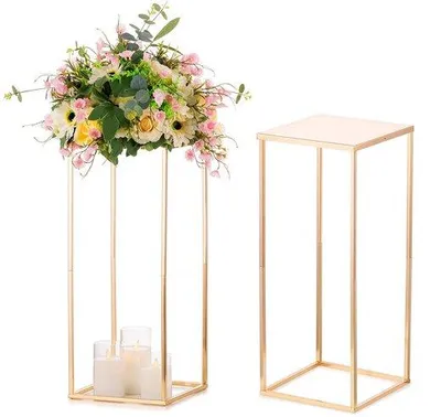 Productafbeelding van Ibenzoa® Gouden rechthoekige metalen vaas met voet, 60 x 25 cm – Set van 2 geometrische bloemenstandaards voor tafeldecoratie