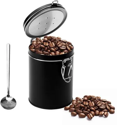 Produktbild von Unyqoos® Edelstahl Kaffeedose 1 L - luftdicht mit Aromaventil & Messlöffel, matt-schwarz, für Bohnen, Pulver und Tee