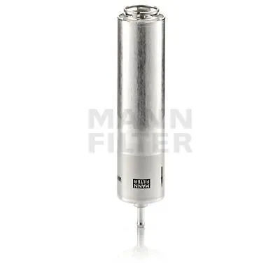 A silver cylindrical fuel filter with the brand name 'MANN FILTER' printed on it, isolated on a white background.