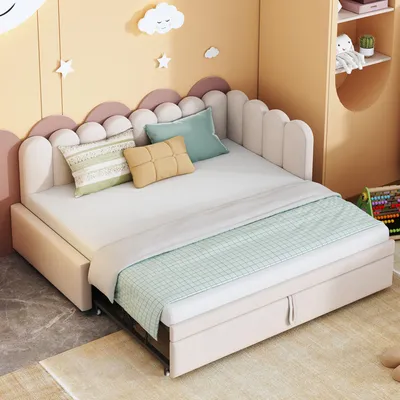 Image de MODFU Canapé Convertible 90x200 cm - Canapé-Lit d’Appoint pour Enfant, Sans Matelas, Velours Beige