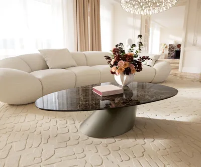 Produktbild von DELIFE Couchtisch Edge Oval 140x75 cm Keramik Emperador Extra Lucidato Dunkelbraun Conis Metall Effektfinish Titan