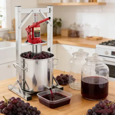 Obrázek produktu pro Lis na ovoce a víno – ruční hydraulický lis s zvedákem – tlak 3 t – objem 12 l – pro jablka, hrozny, bobule, mošt/šťávu – světle šedý