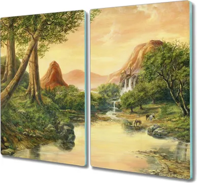 Produktbild von Coloray Herdabdeckplatte 2x30x52 cm Schneidebrett Kochplattenabdeckung Küchenbrett Hackbrett - Fantasielandschaft Baum nach oben