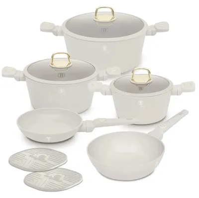 Productafbeelding van Berlinger Haus Pannenset Mat Crème 7-Delig - Kookpan ø 20, 24, 28 cm & Koekenpan ø 20, 24 cm - geschikt voor alle warmtebronnen