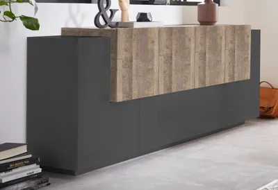 Produktbild von Sideboard "Coro" in anthrazit matt/Oak mit 6 Türen und 2 Einlegeböden. Abmessungen (BxHxT) 200x86x45 cm