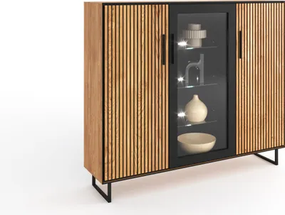 Produktbild von Highboard >Eddie< in Eiche / schwarz, Eiche teilmassiv - 146x147x40cm (BxHxT)