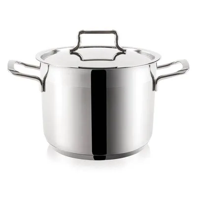 A stainless steel pot with a lid and handles, shown from a front-facing diagonal angle against a white background.