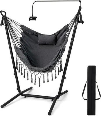 Produktbild von Hängesessel mit Gestell, höhenverstellbarer Hängesitz mit Handyhalter, Kissen & Seitentasche, Hängestuhl Hängeschaukel bis 250 kg belastbar, Hängesesselgestell für Indoor & Outdoor (Grau)