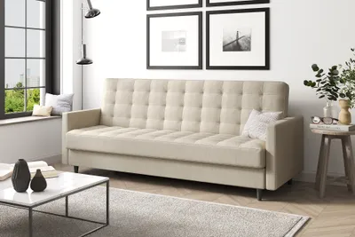 Produktbild von MEBLINI Sofa mit Schlaffunktion - Schlafcouch Ausziehbar - Schlafsofa mit Bettkasten - Sofabett - Couch mit Schlaffunktion - Klappsofa - ANDRES 1 - 218x87x93cm - Creme Webstoff