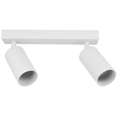 A white, two-headed spotlight fixture mounted on a white rectangular base.