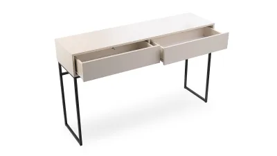 A modern, minimalist console table with two open drawers and black metal legs, presented on a white background.