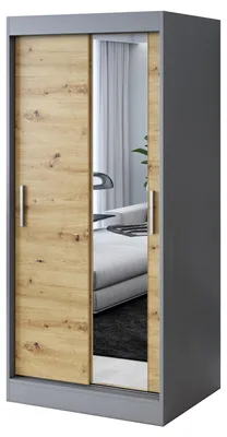 Produktbild von Kleiderschrank mit Spiegel - 90x200cm - Anthrazit Matt & Artisan Eiche - Schiebetürenschrank HUGO - 2-türig - mit 2 Kleiderstangen