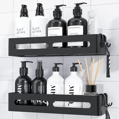 Produktbild von Duschablage ohne Bohren - 2er-Pack, Duschregal ohne Bohren mit gro?er Kapazit?t, rostfreies wandmontiertes Badezimmer organizer, Selbstklebende Duschablage, 33.5 x 12.0 x 5.5 cm, Schwarz