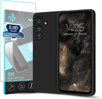 A black smartphone case and a screen protector are displayed next to each other on a white background.