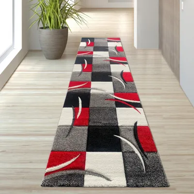 Produktbild von Designer Teppich mit Konturenschnitt Karo Muster Rot Grau Weiß Schwarz Größe - 80 x 300 cm