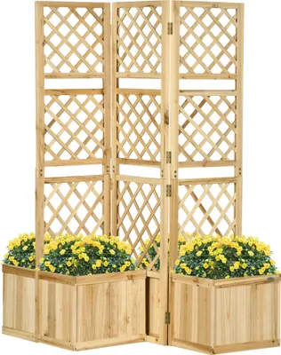 Produktbild von Paravent, Sichtschutz für Garten, dreifach klappbar, 4 Blumenkästen, Massivholz, Naturfarbe, 133 x 62 x 165 cm