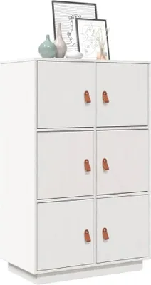 A white highboard with six doors, each with a brown leather handle, is shown against a white background. Decorative items, including vases and framed pictures, are placed on top of the highboard.