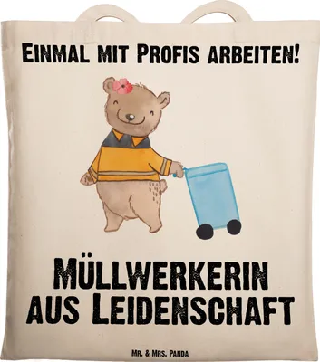 Produktbild von Mr. & Mrs. Panda Tote Bag Müllwerkerin Leidenschaft - Transparent - Geschenk, Müllfrau, Shopping Tasche, Einkaufstüte, Spruch, Laptoptasche, Witzig, Lustig, Jutebeutel