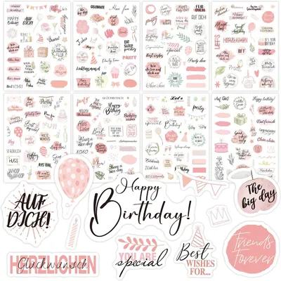 Imagen del producto de Juego de pegatinas para cumpleaños, 250 motivos, 8 hojas, color rosa, para proyectos de manualidades