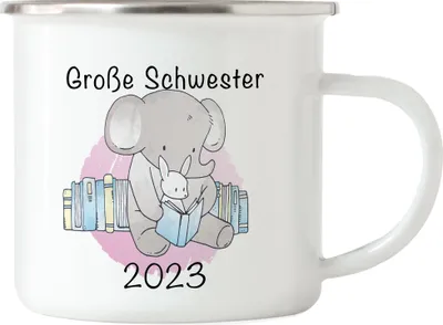 Produktbild von Große Schwester 2023 Emaille Tasse Süßes Motiv Elefant Hase Schwangerschaft Geschenkidee Baby-News