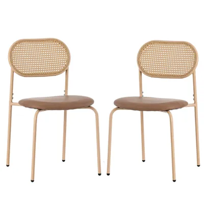 Produktbild von Rattan Esszimmerstuhl 2er Set, einfacher Freizeitstuhl, Braun, Wohnzimmer- und Schlafzimmerstuhl mit Rückenlehne, Metallbeinen Esszimmerstuhl