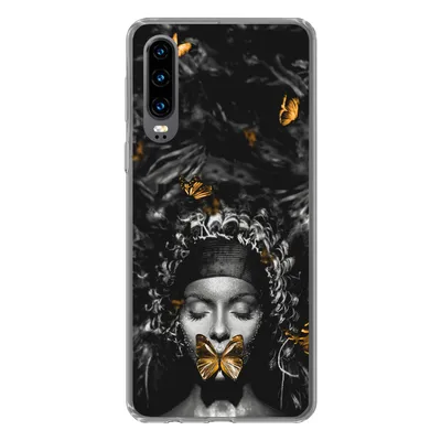 Produktbild von MuchoWow® Handyhülle Schutzhülle Hülle für Huawei P30 Frau - Schmetterlinge - Schwarz - Weiß Silikon Softcase Handy Hülle - Kartenbesitzer