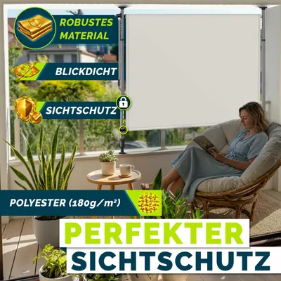 Produktbild von tillvex® Klemmmarkise Senkrechtmarkise 120x310cm Beige mit Handkurbel ohne Bohren | Sichtschutz Ausziehbar & Blickdicht | Vertikalmarkise Balkon Terrasse Garten | Sichtschutzrollo Wetterfest