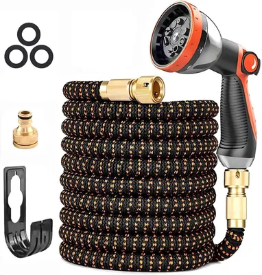 Image de Tuyau d'arrosage extensible - Tuyau d'eau flexible - Pour l'arrosage du jardin - 3 couches de latex - 30 mètres - Noir et orange