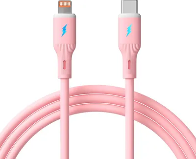A pink USB-C to Lightning cable with a lightning bolt logo on the connector housing.