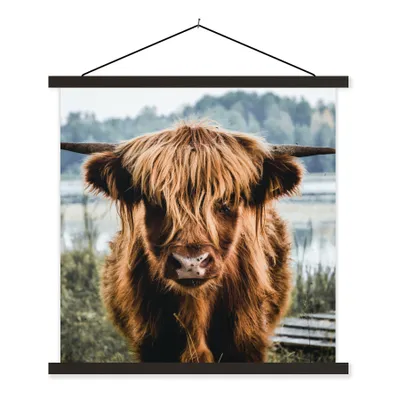 Produktbild von MuchoWow® Textilposter Kühe - Schottische Hochlandbewohner - Braun - Natur 60x60 cm mit schwarzem Rahmen - Posteraufhänger