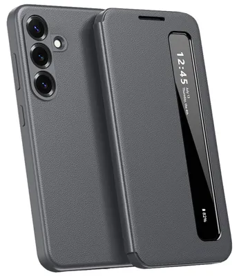 Obrázek produktu pro PU kožené pouzdro pro Samsung Galaxy A57, chytré flipové pouzdro se Smart Side Window Šedá