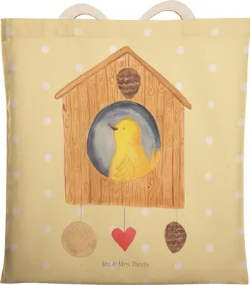 Produktbild von Mr. & Mrs. Panda Beuteltasche Vogelhaus Home - Gelb Pastell - Geschenk, Stofftragetasche, Einzug, Lustige Sprüche, Umzug, Einkaufstasche, Beutel, Vogel, Haus, Tote Bag