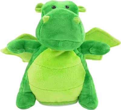 A stuffed toy dragon is shown against a white background.