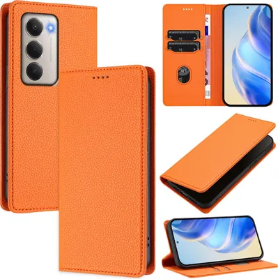 Produktbild von Litchi Leder Handyhülle für Xiaomi Redmi 15 5G/4G Wallet Kartenfächer Standfunktion Hülle Orange