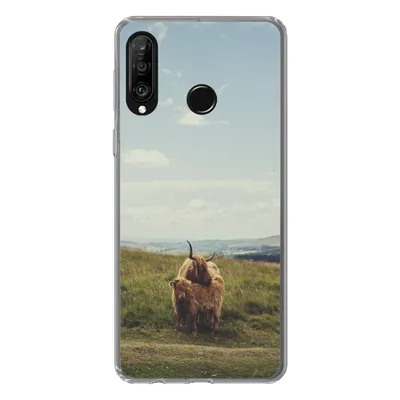 Produktbild von MuchoWow® Handyhülle Schutzhülle Hülle für Huawei P30 Lite Schottische Highlander - Gras - Wolken - Tiere Silikon Softcase Handy Hülle - Handyhülle